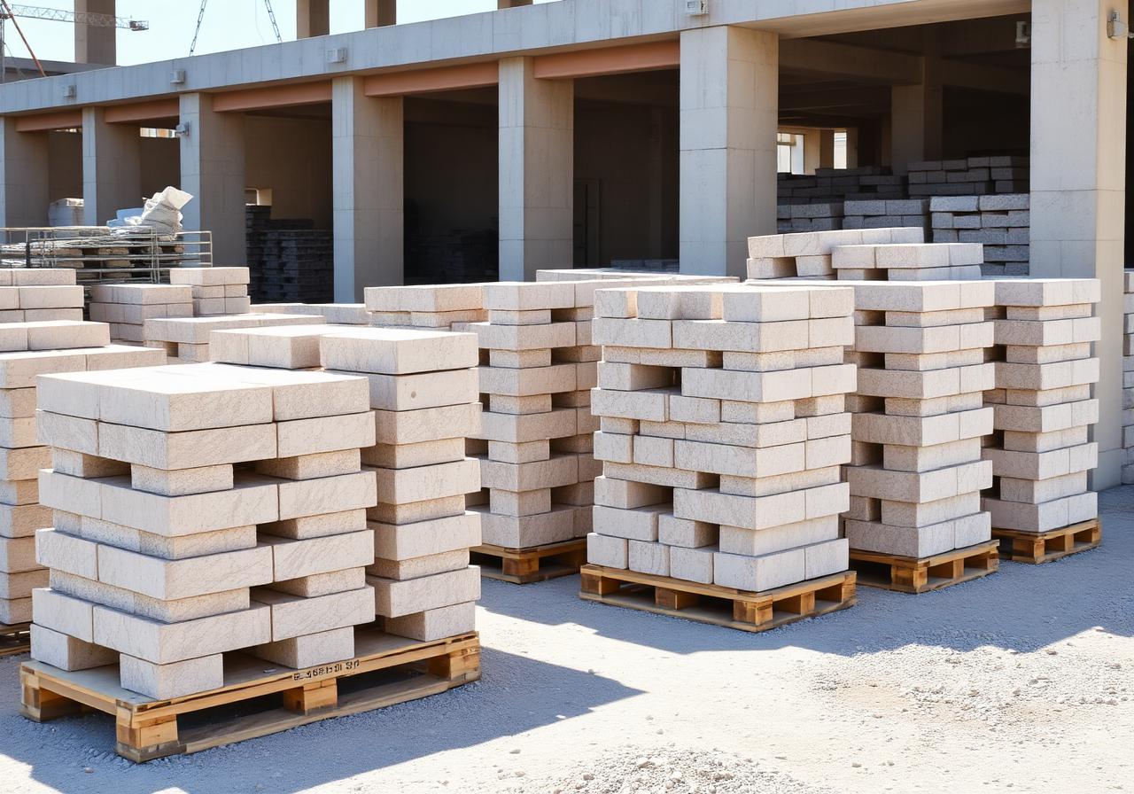 Pallet di blocchi di tufo pugliese in cantiere