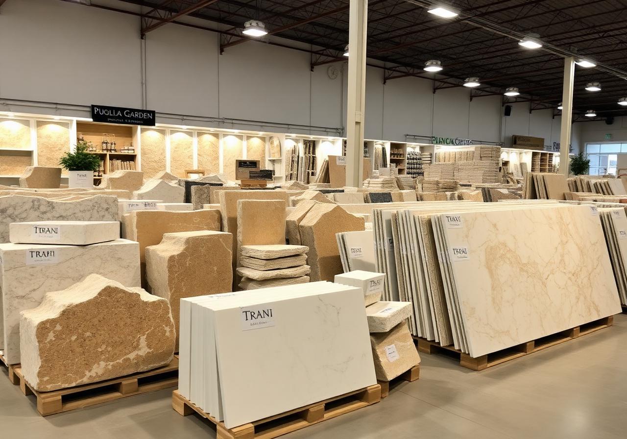 Espositore garden center con tufo pugliese e Pietra di Trani