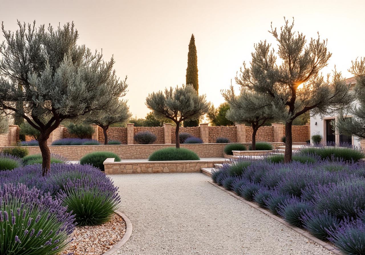 Giardino mediterraneo in Puglia con muretto in tufo pugliese e ulivi